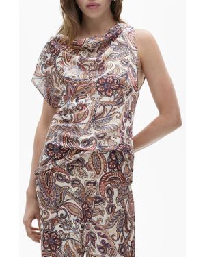Mango Paisley Asymmetric Sleeve Satin Top - White