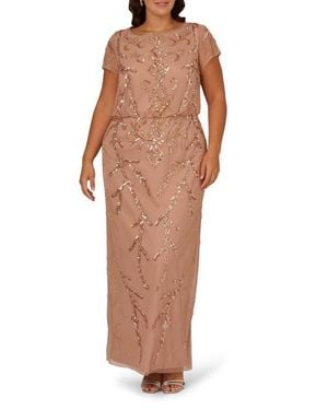 Adrianna Papell Beaded Mesh Blouson Gown - Brown