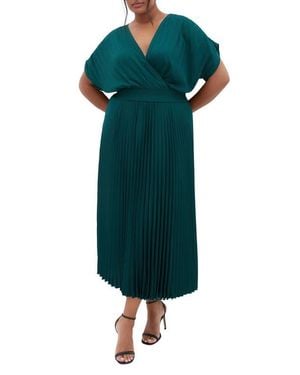 City Chic Elia Faux Wrap Pleated Dress - Green