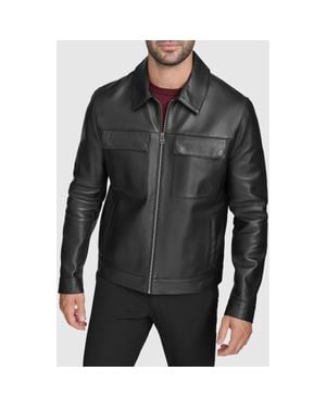 Cole Haan Leather Zip Shirt Jacket - Black