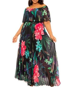 Buxom Couture Floral Pleated Off The Shoulder Maxi Dress - White
