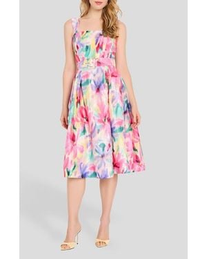 Tahari Print Crinkle Belted Fit & Flare Dress - Red