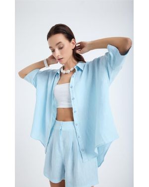 Monlicia Iyan 100% Linen Oversize Shirt - Blue