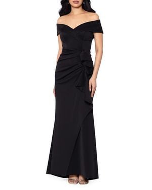 Xscape Evenings Off The Shoulder Ruffle Scuba Crepe Gown - Black