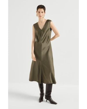 Brunello Cucinelli Satin Cady Flared Dress With Monili - Multicolor