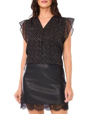 Vince Camuto Metallic Dot Ruffle Sleeve Chiffon Top - Black