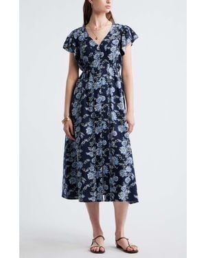 Treasure & Bond Short Sleeve Button Down Linen Blend Midi Dress - Blue