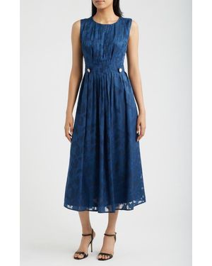 Anne Klein Pleated Floral Jacquard Midi A Line Dress - Blue