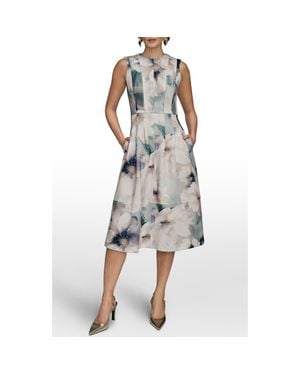 Donna Karan Floral Fit & Flare Midi Dress - Gray