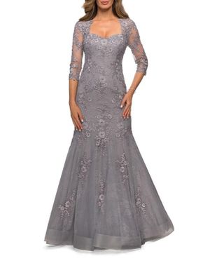 La Femme Long Lace Mermaid Gown With Square Neckline - Gray