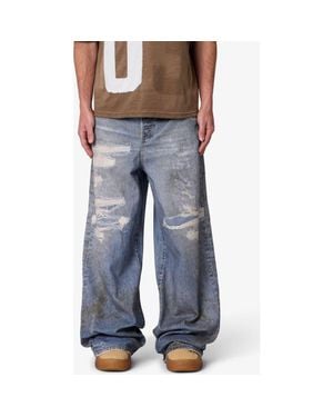 MNML Oil Stain Printed Relaxed Wide Leg Ripped Jeans - Blue