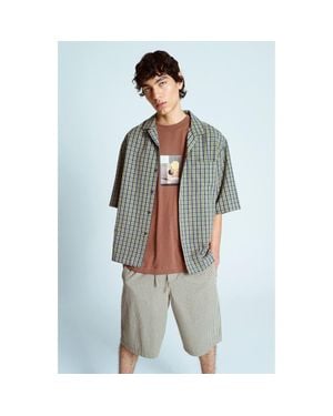 TOPMAN Plaid Cotton Seersucker Button-Up Shirt - Blue