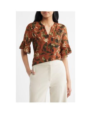 Anne Klein Leaf Print Ruffle Sleeve Shirt - Brown