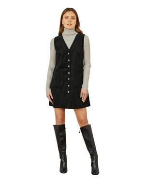 Yumi' V-Neck Cord Pinafore Dress - Black