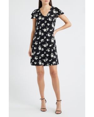 Anne Klein Floral Flutter Sleeve Shift Minidress - Black
