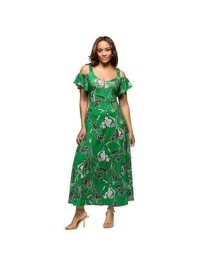 24seven Comfort Apparel Maternity Floral Cold Sholder Ruffle Sleeve A-Line Maxi Dress - Green