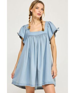 Modenaire Square Neck Flutter Sleeve Gathered Skirt Babydoll Dress - Blue