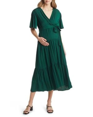 ANGEL MATERNITY Crossover Faux Wrap Maternity Maxi Dress - Green