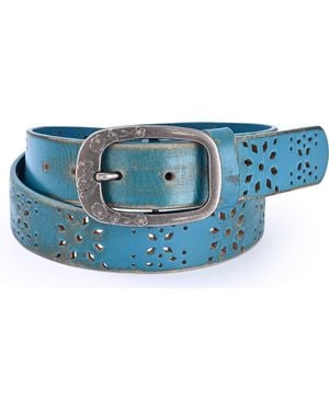 Old Trend Blooming Genuine Leather Perforated Floral Vintage Belt - Blue