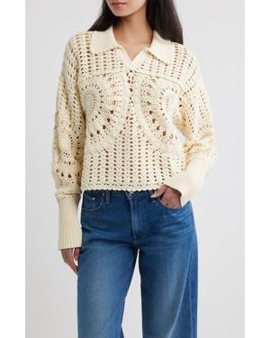 FARM Rio Crochet Cotton Johnny Collar Polo Sweater - Blue