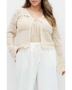City Chic Tie Front Open Stitch Cardigan - Natural