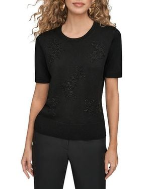 Donna Karan Floral Embellished Merino Wool Knit Top - Black
