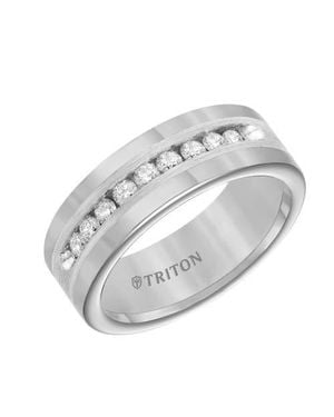 Triton 8Mm Tungsten Diamond Ring With Channel Set Satin Finish Inlay And Round Edge - Metallic