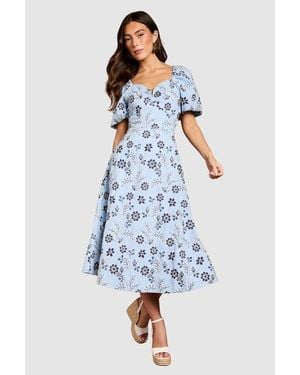 Coast Puff Sleeve Embroidered Midi Dress - Blue