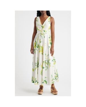 Moon River Plissé Tie Front Cotton Maxi Dress - Green