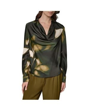 Donna Karan Printed Cowl Neck Satin Top - Green