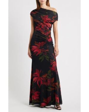 Vince Camuto Floral One-Shoulder Mesh Gown - Red