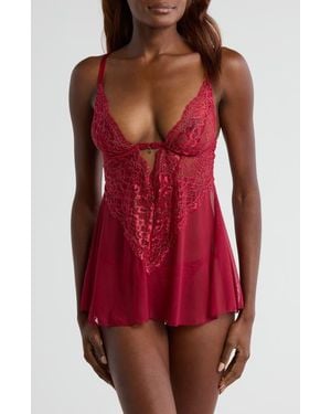 Coquette Floral Lace Babydoll Chemise & Thong Set - Red