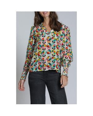 Apny Print Smocked Cuff Top - Black