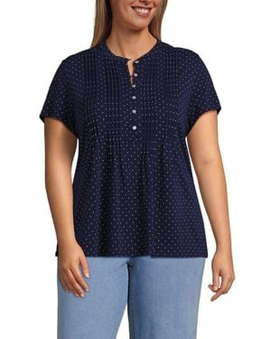 Lands' End Plus Size Lightweight Jersey Button Pintuck Top - Blue