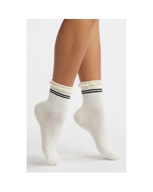 Stems Pointelle Knit Stripe Quarter Socks - White