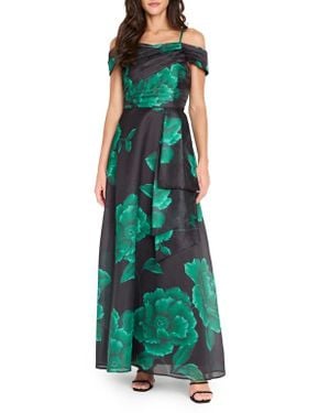 Tahari Pleated Print Off The Shoulder Gown - Green