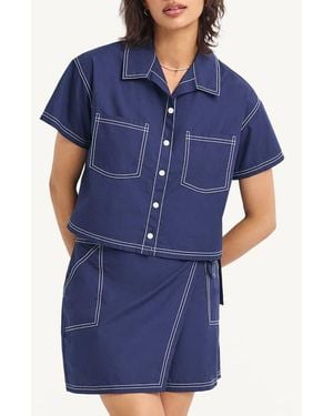Vitamin A Ashley Crop Organic Cotton Cover-Up Camp Shirt - Blue