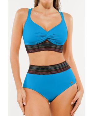 Popilush Boho Trim High Waist Tummy Control Bikini Set - Blue