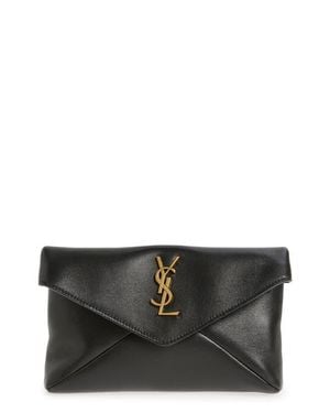 Saint Laurent Small Cassandre Leather Envelope Pouch Clutch - Gray