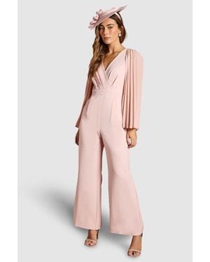 Coast V Neck Pleated Long Sleeve Jumpsuit - Pink