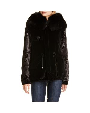 MR & MRS Sequin Embellished Velvet Coat With Removable Genuine Fox Fur Trim - Black