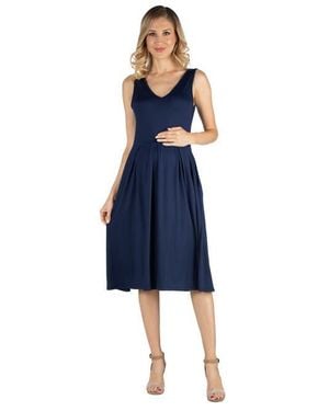 24seven Comfort Apparel Maternity Fit And Flare Sleeveless Midi Dress With Pockets - Blue