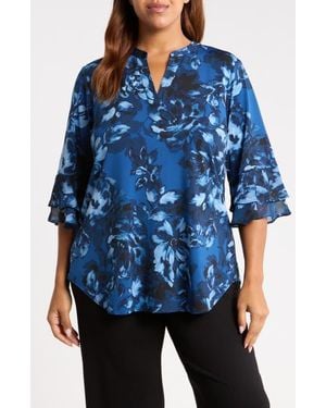 Kasper Floral Print Ruffle Sleeve Top - Blue