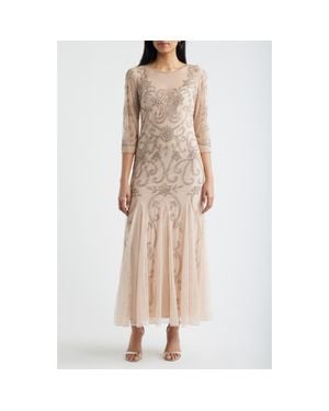 Pisarro Nights Beaded Illusion Neck Gown - Natural