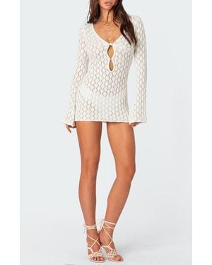 Edikted Brie Open Stitch Long Sleeve Mini Sweater Dress - White