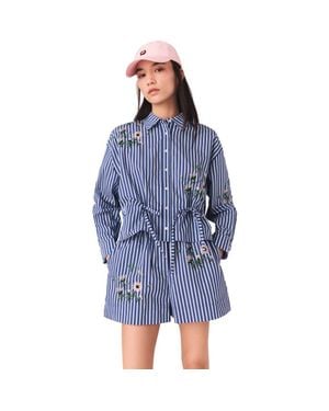 Maje Cropped Embroidered Striped Shirt - Blue
