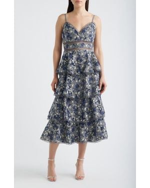 Arose Studio Marcela Floral Embroidered Tiered Midi Dress - Blue