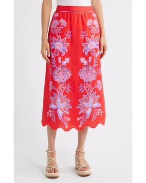 FARM Rio Porcelain Garden Floral Linen Maxi Skirt - Red