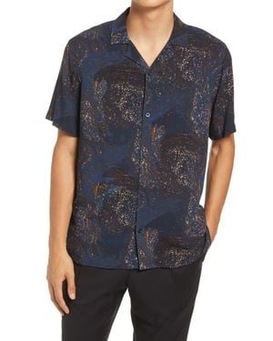 Open Edit Galaxy Print Short Sleeve Button-Up Shirt - Blue