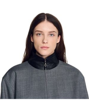 Sandro Oversized Leather-Collar Jacket - Blue